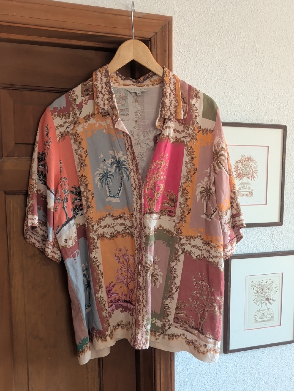 Ranna Gill Anthropologie Linen Casual Multicolor Printed Short-Sleeve Shirt